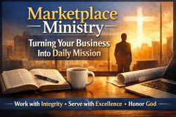 thumbnail reading “Marketplace Ministry—Turning Your Business Into Daily Mission,” showing an open Bible with a pen, a coffee mug, and a laptop on a desk, with a silhouetted businessperson looking out at a city skyline where a glowing cross-shaped light fills the window.